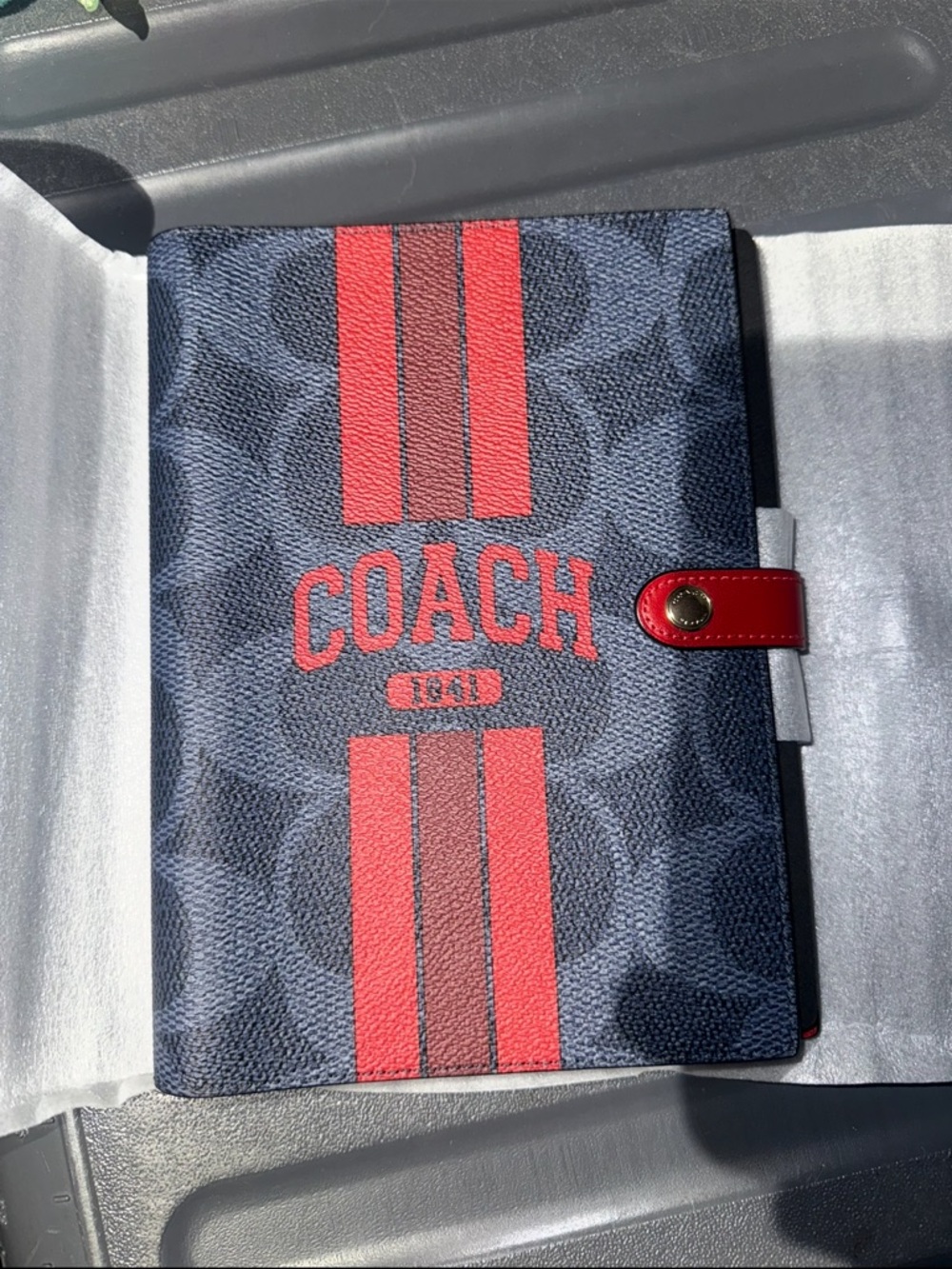 Coach Navy and Red Signature Stripe Notebook with Cover